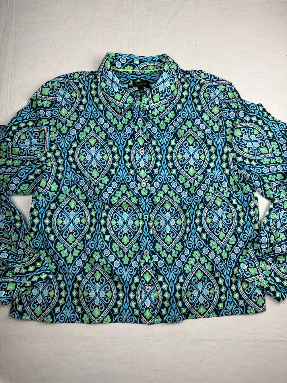 Talbots Women's Blue Green Damask Geometric Pattern Button-Down Shirt Size L